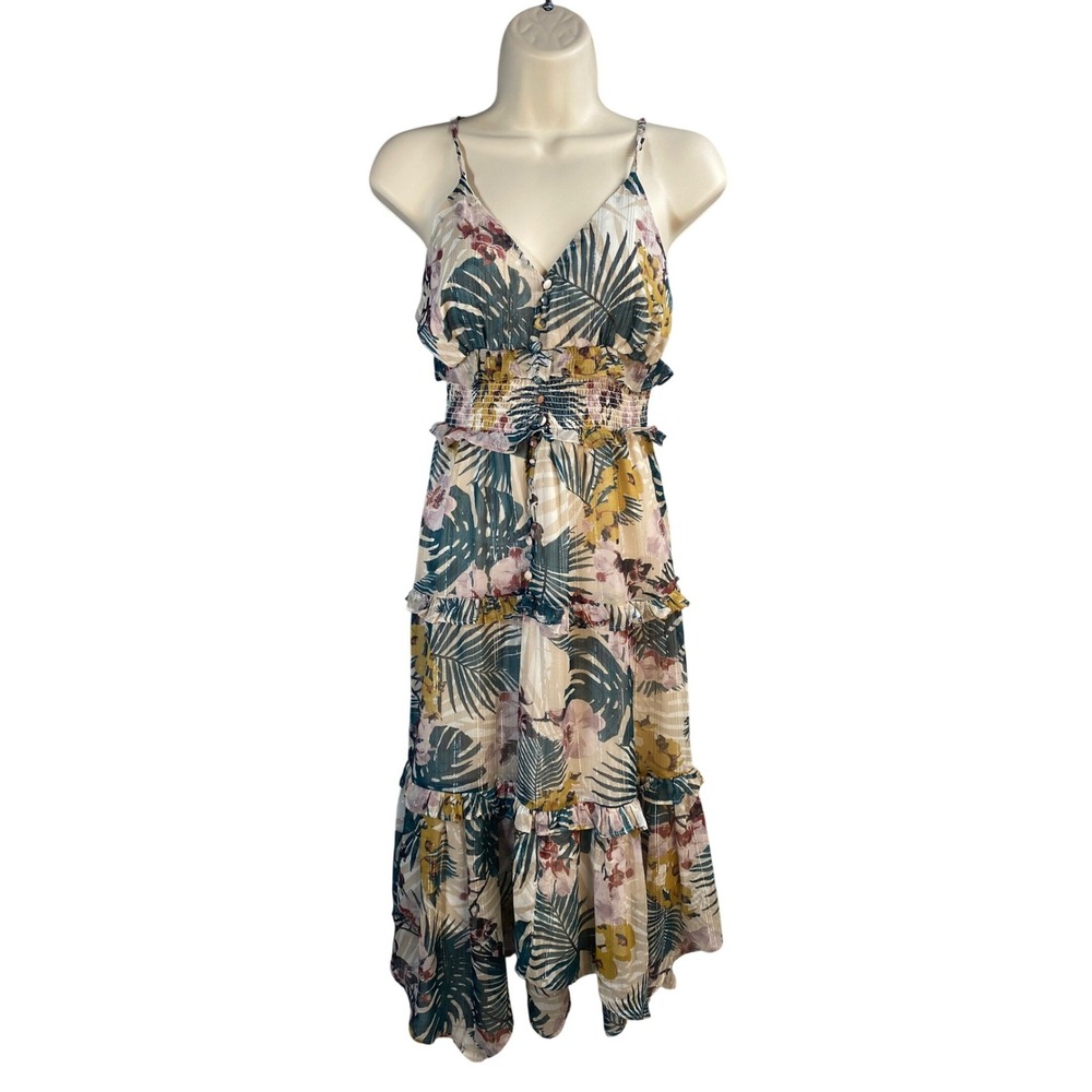 Walter Baker Midi Dress Womens Small Smocked Boho Vacation Tropical Beach Party